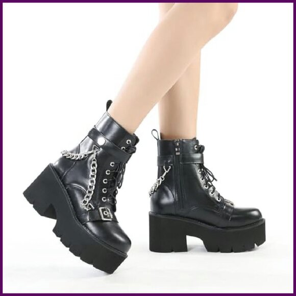 Platform Combat Boots, Lace Up Gothic Ankle Boots, Chunky Heel - Picture 6 of 8